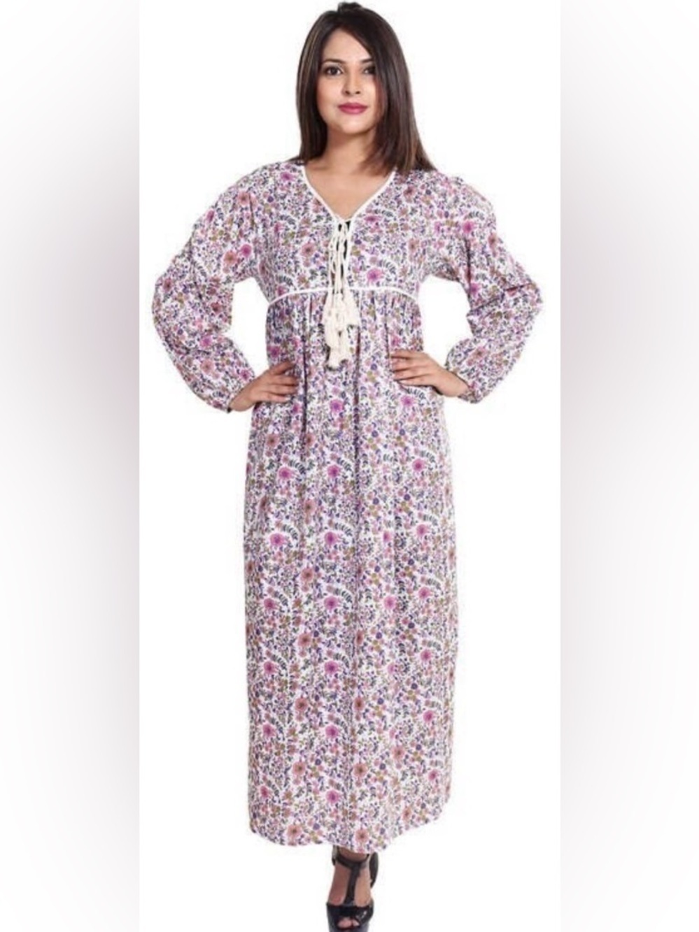 Karni Floral Cotton Voile Maxi Dress Boho Tassel Tie Long Sleeve L